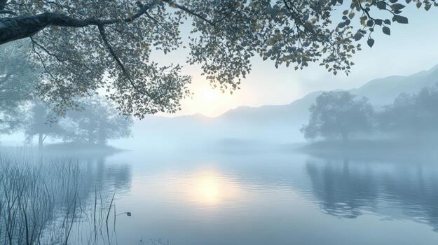 A lake with trees and a sun rising over it photo