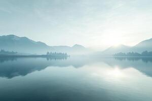 A lake with mountains in the background photo