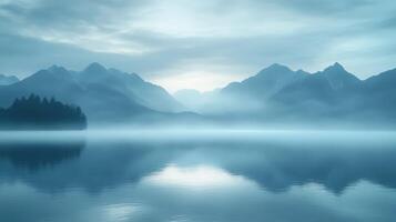 A lake with fog and mountains in the background photo