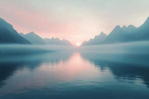A beautiful sunset over a lake with mountains in the background photo