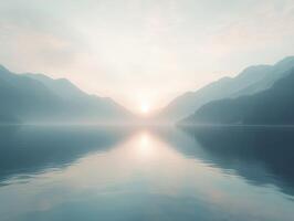 A lake with mountains in the background photo