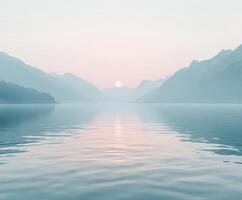 Misty mountains reflect calm waters at sunrise in serene nature photo