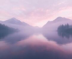 A lake with fog and mountains in the background photo
