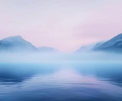 Misty morning in serene mountain landscape by calm water photo