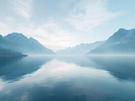 Mystical fog enveloping serene lake surrounded by mountains photo