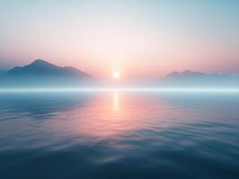 A beautiful sunrise over the water with mountains in the background photo