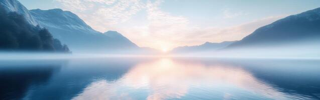 Fog envelops serene lake surrounded by mountains at sunrise photo