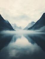 Fog blankets a tranquil lake surrounded by misty mountains photo