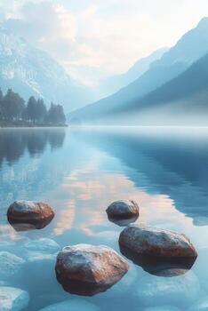 Mystical fog covering a serene lake surrounded by mountains photo