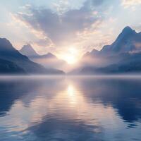 Fog drapes over mountains at sunrise reflecting on calm water photo