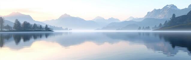 Misty tranquility envelops a serene lake at dawn in the mountains photo
