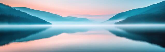 A lake surrounded by mountains and trees at sunrise photo