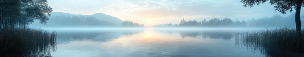 Misty lake surrounded by trees at dawn photo