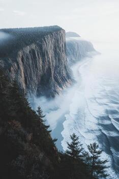 Fog envelops coastal cliffs and serene waters in nature's embrace photo