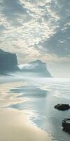 Misty coastal landscape with gentle waves and distant cliffs photo