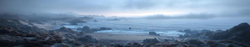 Fog envelops coastal landscape with tranquil ocean views at dawn photo