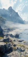 Fog envelops rocky coastal landscape under bright blue skies photo