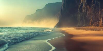 Misty waves meeting coastal cliffs at dawn in tranquil nature photo