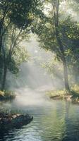 Misty river flowing through a serene green forest landscape photo