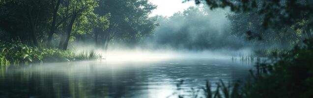 Fog gently rises over a tranquil river in the early morning photo