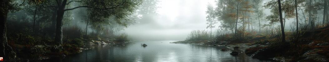 Misty morning in a tranquil forest with a reflective pond photo