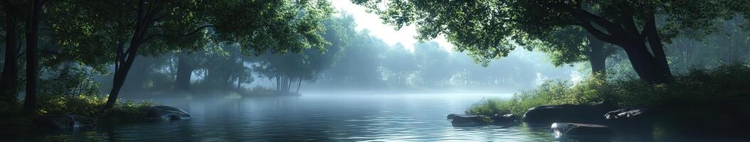 Fog blankets serene riverbank in lush green nature setting photo