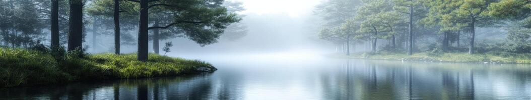 Fog envelops serene lakeside landscape at dawn photo
