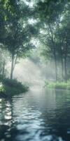 A river in the forest with trees and grass photo