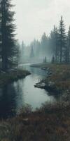 Calm river winding through foggy forest landscape at dawn photo