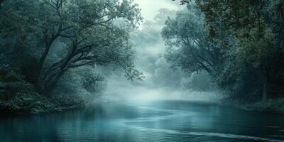 Mysterious morning fog envelops a tranquil river and lush greenery photo