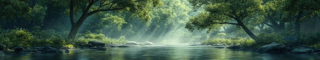 Fog gently envelops a serene river in lush green forest photo