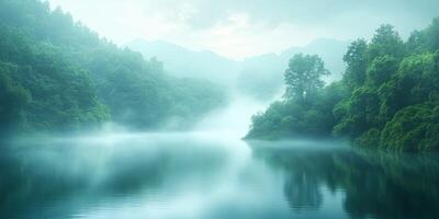 Fog envelops tranquil lake surrounded by lush mountains photo