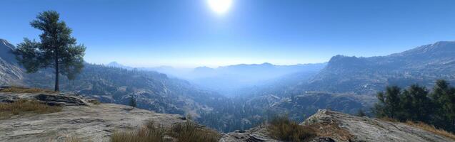 Fog enveloping serene valley landscape at midday photo
