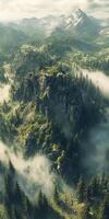 Fog envelops rocky outcrops in a lush mountainous region photo