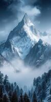 Fog enveloping a majestic mountain peak in a serene natural landscape photo