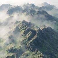 Mystical fog envelops lush mountainous terrain at dawn photo