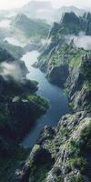 Misty river winding through rocky mountains in a serene landscape photo