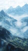 Fog blankets serene mountains at dawn in tranquil landscape photo