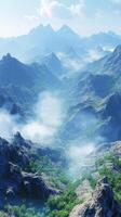 Mystical fog enveloping a serene mountain valley at dawn photo