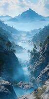 Fog envelops a serene canyon landscape at dawn photo