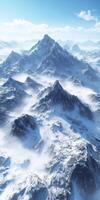 Mountain landscape covered in fog and snow during bright daylight photo