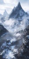 Majestic mountains shrouded in fog create a serene natural landscape photo