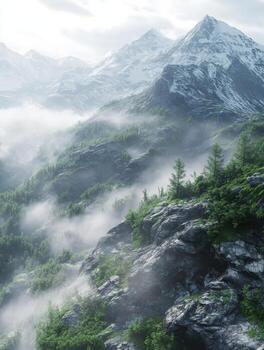 Fog blankets the mountains in a serene natural landscape photo