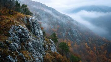 Fog envelops rocky cliffs in a tranquil autumn landscape photo
