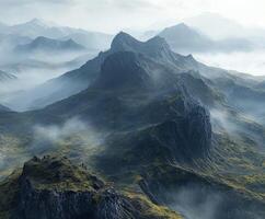 Mystical fog enveloping mountains in a serene natural landscape photo