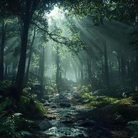 Misty woodland path with sunlight filtering through trees photo