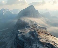 Misty mountain peak surrounded by hazy valleys at sunrise photo