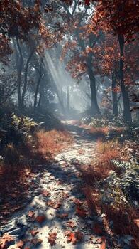 Misty pathway through an autumn forest filled with vibrant foliage photo