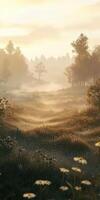Fog envelops a serene landscape at dawn, revealing nature's beauty photo