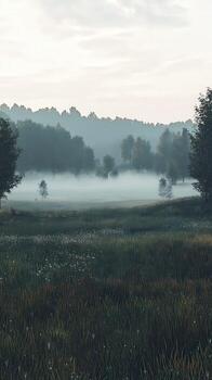 Fog settles gently over serene landscape at dawn photo